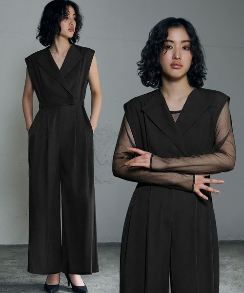 セール】スタンドアウトカラー オールインワン パンツドレス シアー