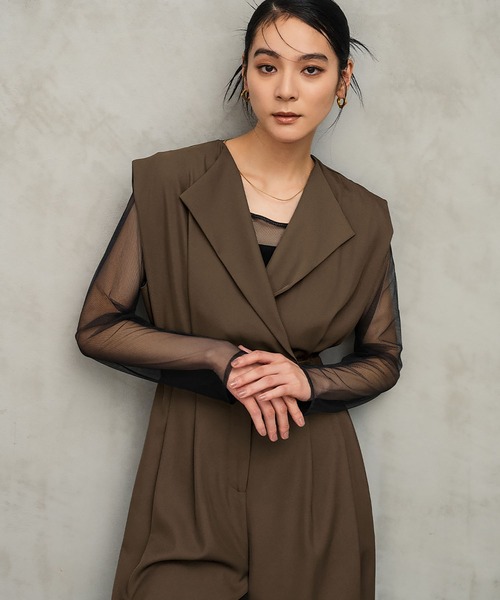 girl（ガール）の「スタンドアウトカラー オールインワン パンツドレス シアートップス 2点セット セットアップ ストライプ 結婚式 パーティードレス オケージョンドレス お呼ばれ 二次会 成人式 同窓会 謝恩会（パンツドレス・レディース・グレー系その他/ブラック/モカ/ブルーグレー・S/L/M）」の22枚目の写真