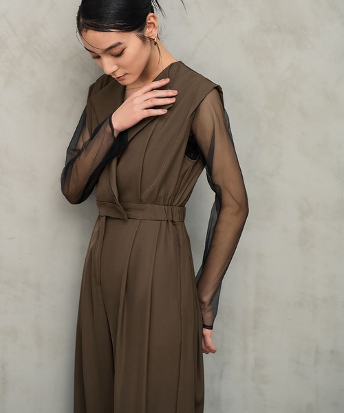 【美品】スタンドアウトカラーオールインパンツ ブルー セール】スタンドアウトカラー オールインワン パンツドレス シアー