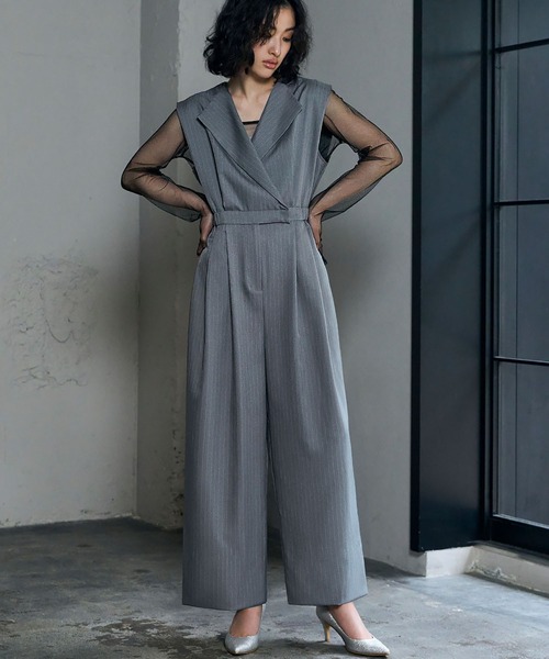 セール】スタンドアウトカラー オールインワン パンツドレス シアー