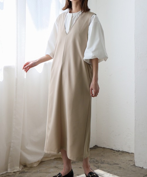 No Rule No Line（ノール－ルノーライン）の「深めVネック2wayジャンパースカート ワンピース（ワンピース・レディース・チャコール/ベージュ/ブラック・FREE）」の4枚目の写真