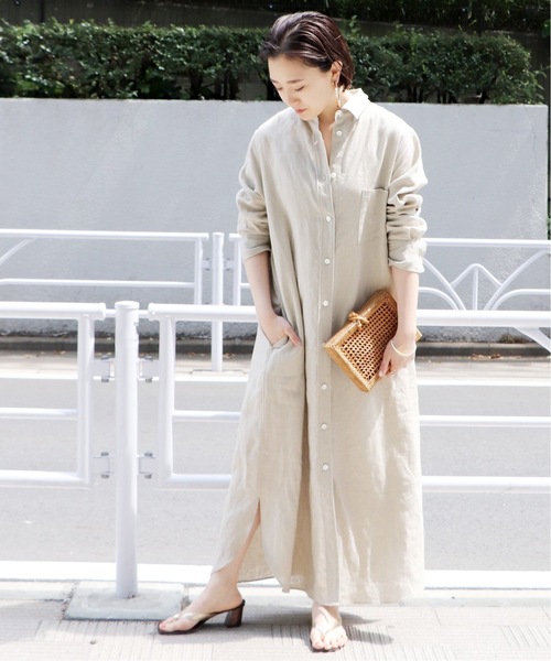 美品⁑プラージュ リネン混 ロング セミフレアシャツワンピース  