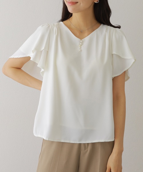 Lace Ladies(レースレディース)の「パール ライン フリル袖 シフォン ブラウス(シャツ/ブラウス・レディース・ブラック/ホワイト/ネイビー/グレー・FREE/S)」の2枚目の写真