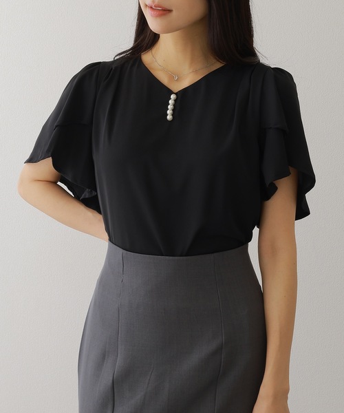Lace Ladies(レースレディース)の「パール ライン フリル袖 シフォン ブラウス(シャツ/ブラウス・レディース・ブラック/ホワイト/ネイビー/グレー・FREE/S)」の5枚目の写真