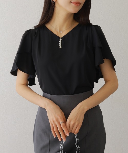 Lace Ladies(レースレディース)の「パール ライン フリル袖 シフォン ブラウス(シャツ/ブラウス・レディース・ブラック/ホワイト/ネイビー/グレー・FREE/S)」の7枚目の写真