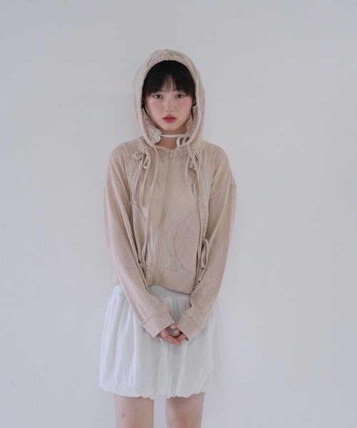 Uenui(ウニュイ)の「ドローストリングデザイン シアーパーカー(Tシャツ/カットソー・レディース・ホワイト/ピンク/ベージュ/ブラック/ブルー・FREE)」の11枚目の写真