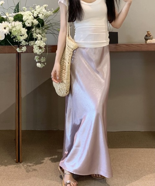 FREE STYLISTS(フリー スタイリスト)の「YUGA_YGMC Satin mermaid skirt(スカート・レディース・ラベンダー/シャンパン/ベビーピンク/ブラック/ライトブルー/オフホワイト・L/M)」の9枚目の写真