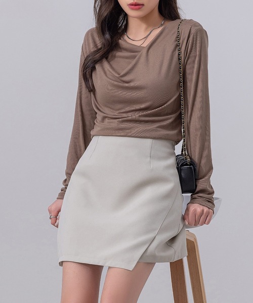 DAY CLOSET（デイ クローゼット）の「【インパン付き/バックゴム】きれいめ シンプル ラップ風 ミニスカート レディース（スカート・レディース・ブラック/アイボリー/ダークブラウン・S/M/L）」の11枚目の写真