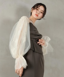 オーガンジー×チュール ボリューム袖 花柄 ビスチェ ドレス 結婚式 お呼ばれ オケージョン