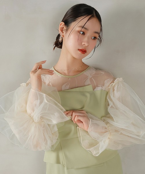 オーガンジー×チュール ボリューム袖 花柄 ビスチェ ドレス 結婚式