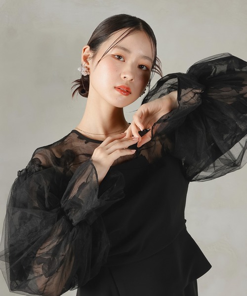 Kana(カナ)の「オーガンジー×チュール ボリューム袖 花柄 ビスチェ ドレス 結婚式 お呼ばれ オケージョン(ドレス・レディース・ブラック/ブラウン系1/グリーン系/ベージュ×ブラック・M)」の2枚目の写真