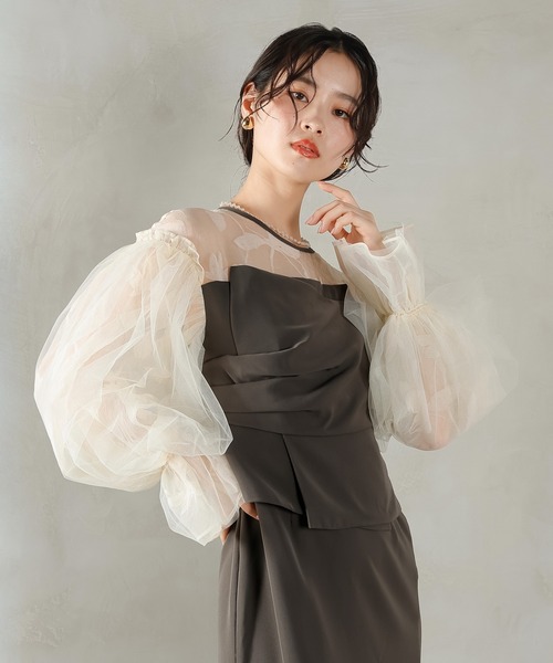 Kana(カナ)の「オーガンジー×チュール ボリューム袖 花柄 ビスチェ ドレス 結婚式 お呼ばれ オケージョン(ドレス・レディース・ブラック/ブラウン系1/グリーン系/ベージュ×ブラック・M)」の14枚目の写真