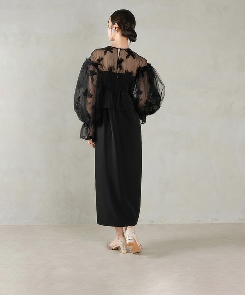 オーガンジー×チュール ボリューム袖 花柄 ビスチェ ドレス 結婚式