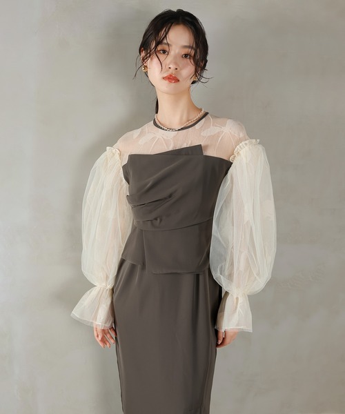 Kana(カナ)の「オーガンジー×チュール ボリューム袖 花柄 ビスチェ ドレス 結婚式 お呼ばれ オケージョン(ドレス・レディース・ブラック/ブラウン系1/グリーン系/ベージュ×ブラック・M)」の12枚目の写真