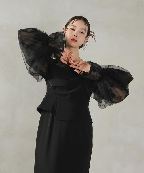 Kana(カナ)の「オーガンジー×チュール ボリューム袖 花柄 ビスチェ ドレス 結婚式 お呼ばれ オケージョン(ドレス・レディース・ブラック/ブラウン系1/グリーン系/ベージュ×ブラック・M)」の6枚目の写真