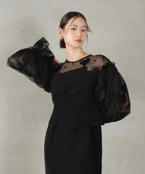 Kana(カナ)の「オーガンジー×チュール ボリューム袖 花柄 ビスチェ ドレス 結婚式 お呼ばれ オケージョン(ドレス・レディース・ブラック/ブラウン系1/グリーン系/ベージュ×ブラック・M)」の7枚目の写真