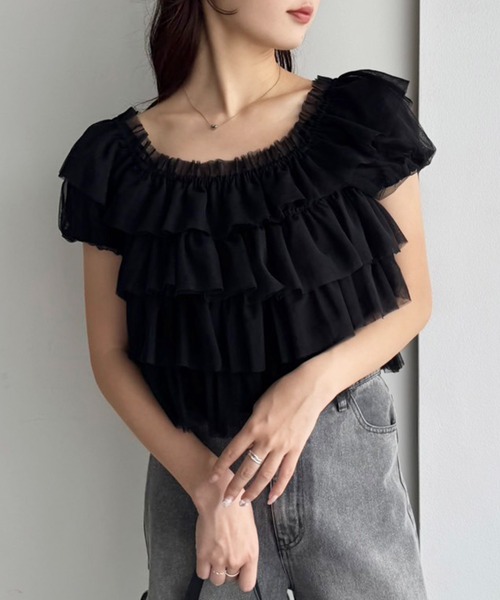 one after another NICE CLAUP(ワンアフターアナザーナイスクラップ)の「ティアードチュールブラウス(シャツ/ブラウス・レディース・ピンク/オフホワイト/ブラック・FREE)」の9枚目の写真