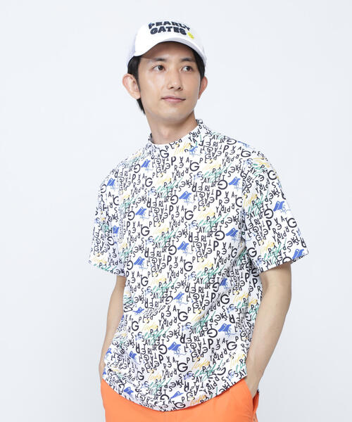 PEARLY GATES】BALLくんロゴ総柄プリント半袖モックネックカットソー