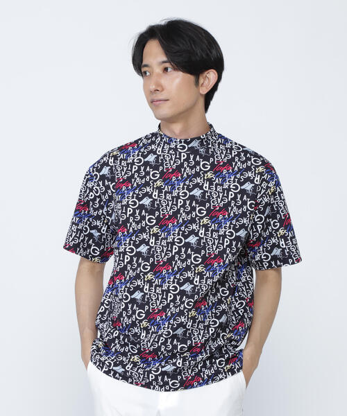 パーリーゲイツ　モックネック　半袖シャツ　ヤシの木総柄　ロゴ　ホワイト　サイズ6 パーリーゲイツ モックネック 半袖シャツ ホワイト サイズ5 L相当