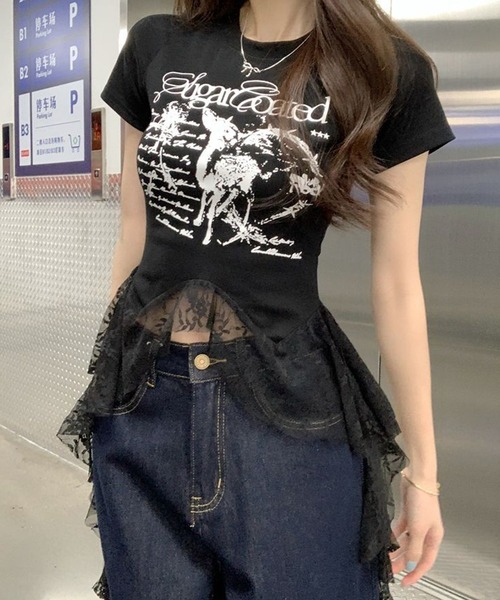 HALEY PESCA(ヘーリーペスカ)の「HALEY PESCA/ヘムレース グラフィックTシャツ(Tシャツ/カットソー・レディース・ブラック/ホワイト・MEDIUM/SMALL)」の2枚目の写真
