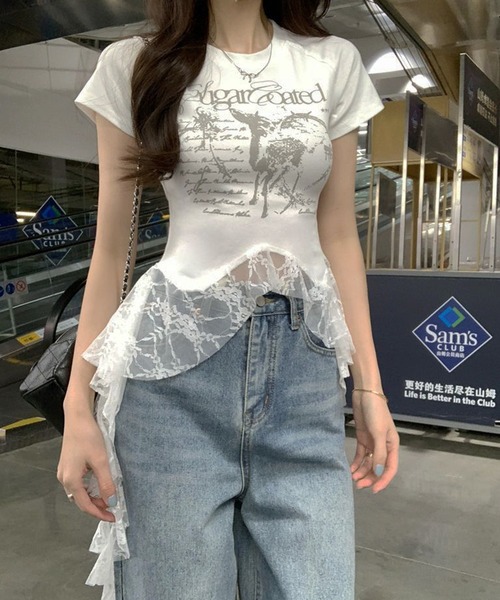 HALEY PESCA(ヘーリーペスカ)の「HALEY PESCA/ヘムレース グラフィックTシャツ(Tシャツ/カットソー・レディース・ブラック/ホワイト・MEDIUM/SMALL)」の5枚目の写真
