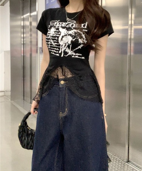 HALEY PESCA(ヘーリーペスカ)の「HALEY PESCA/ヘムレース グラフィックTシャツ(Tシャツ/カットソー・レディース・ブラック/ホワイト・MEDIUM/SMALL)」の7枚目の写真