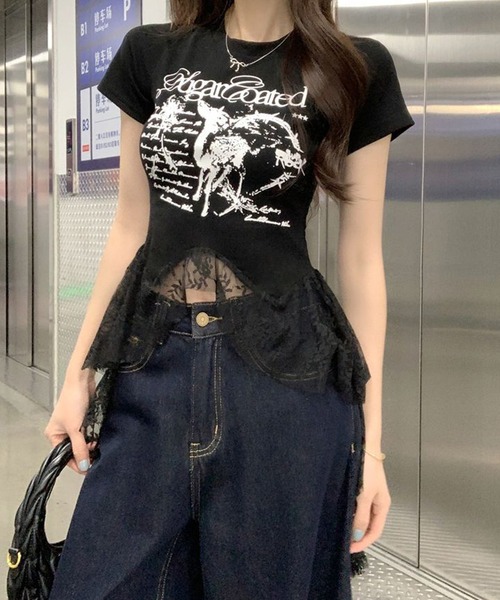 HALEY PESCA(ヘーリーペスカ)の「HALEY PESCA/ヘムレース グラフィックTシャツ(Tシャツ/カットソー・レディース・ブラック/ホワイト・MEDIUM/SMALL)」の10枚目の写真