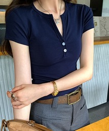 ヘンリーネックトップス/キーネックTシャツ