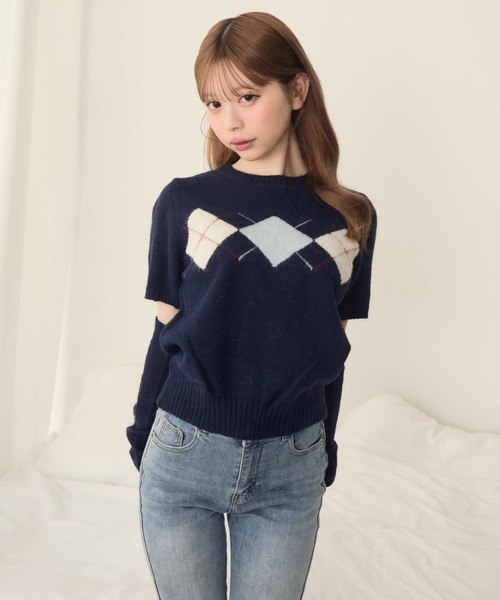 user_242dea43 20471120 ニット半袖 襟付きパンチングニット クロップドニット 半袖ニット[品番