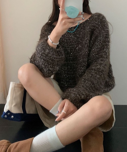 GLAMOROUS JANE(グラマラスジェーン)の「ラメMIX編みニットトップス(ニット/セーター・レディース・ブラウン/オフホワイト/チャコールグレー・FREE)」の1枚目の写真