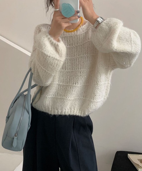 GLAMOROUS JANE(グラマラスジェーン)の「ラメMIX編みニットトップス(ニット/セーター・レディース・ブラウン/オフホワイト/チャコールグレー・FREE)」の4枚目の写真