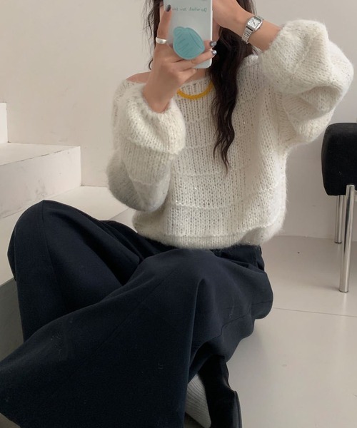 GLAMOROUS JANE(グラマラスジェーン)の「ラメMIX編みニットトップス(ニット/セーター・レディース・ブラウン/オフホワイト/チャコールグレー・FREE)」の5枚目の写真