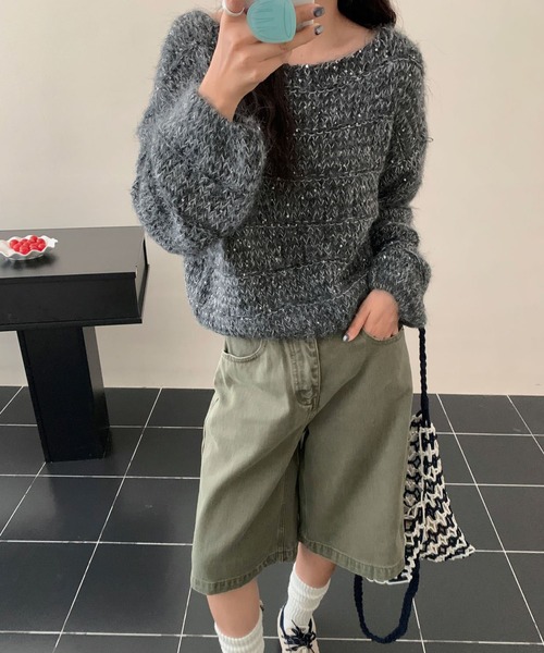 GLAMOROUS JANE(グラマラスジェーン)の「ラメMIX編みニットトップス(ニット/セーター・レディース・ブラウン/オフホワイト/チャコールグレー・FREE)」の6枚目の写真