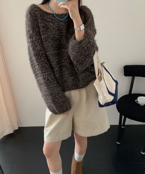 GLAMOROUS JANE(グラマラスジェーン)の「ラメMIX編みニットトップス(ニット/セーター・レディース・ブラウン/オフホワイト/チャコールグレー・FREE)」の7枚目の写真