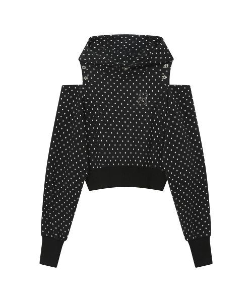 セール】ドットカットアウトオフショルダークロップフード [ブラック