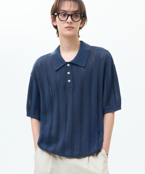 TRILLION（トリリオン）の「ストライプスカシボタンカラー半袖ニット[ネイビー]（Tシャツ/カットソー・メンズ・その他・MEDIUM/LARGE/X-LARGE）」の2枚目の写真