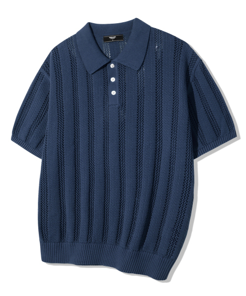 TRILLION（トリリオン）の「ストライプスカシボタンカラー半袖ニット[ネイビー]（Tシャツ/カットソー・メンズ・その他・MEDIUM/LARGE/X-LARGE）」の3枚目の写真
