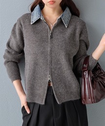 Rejoule（リジュール）の「異素材切り替え デニム衿ダブルジップニットカーデ（ニット/セーター）」