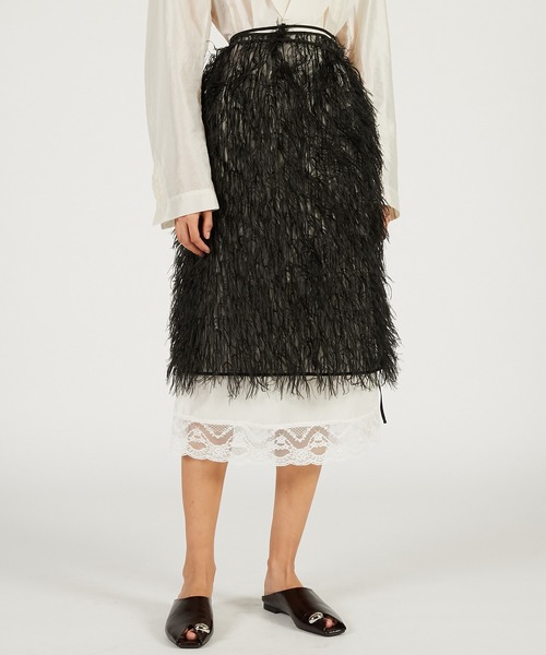 PRANK PROJECT（プランクプロジェクト）の「【2026Spring Pre-Order】シアーフェザーラップスカート / Sheer Feather Wrap Skirt（スカート・レディース・ブラック/ホワイト・FREE）」の2枚目の写真