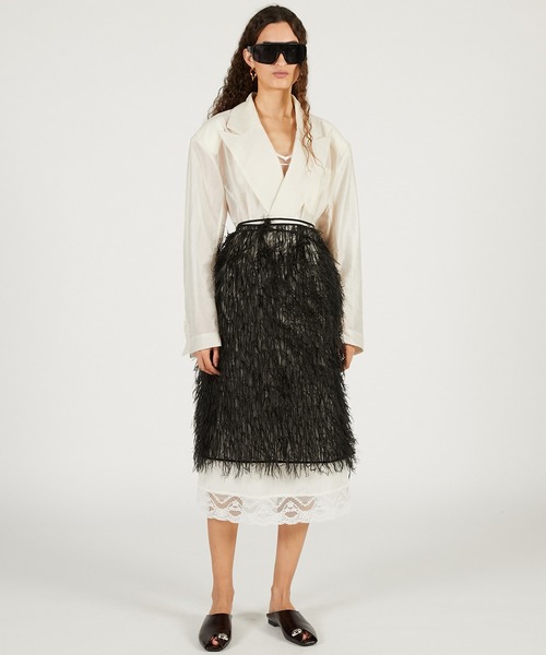 PRANK PROJECT（プランクプロジェクト）の「【2026Spring Pre-Order】シアーフェザーラップスカート / Sheer Feather Wrap Skirt（スカート・レディース・ブラック/ホワイト・FREE）」の4枚目の写真
