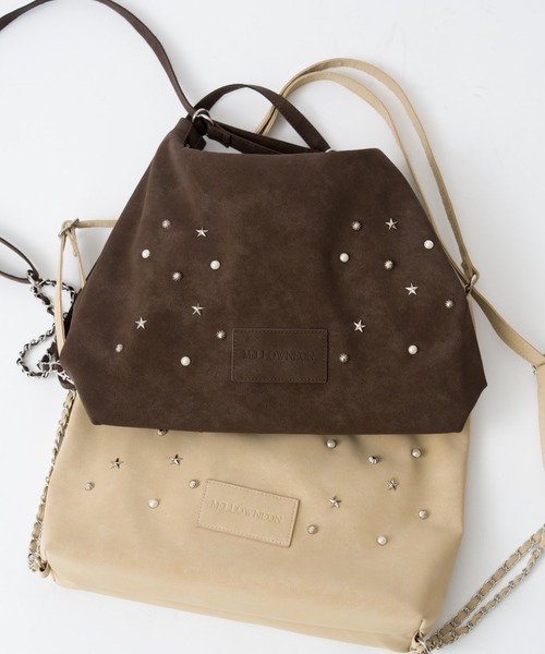 mellowneon（メロウネオン）の「3wayスウェードライクスタッズバッグ/リュック/ナップサック/ショルダーバッグ（ショルダーバッグ・レディース・ベージュ/ブラウン・FREE）」の3枚目の写真