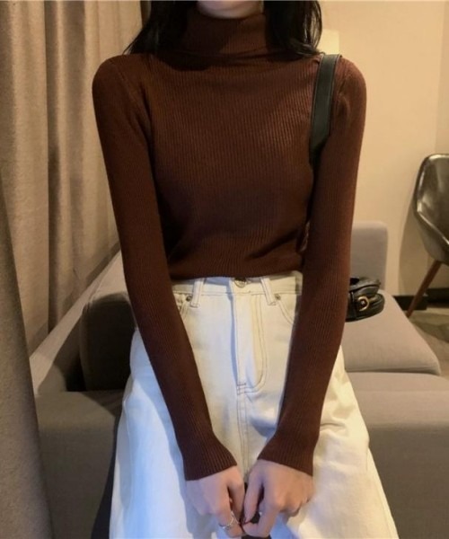 AMELY(エミリー)の「リブタートルネックニットトップス(ニット/セーター・レディース・レッド/ブラウン/グリーン/グレー/ベージュ/アイボリー/ブラック・L/M/フリー)」の4枚目の写真