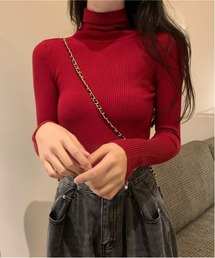 リブタートルネックニットトップス
