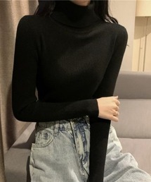 リブタートルネックニットトップス