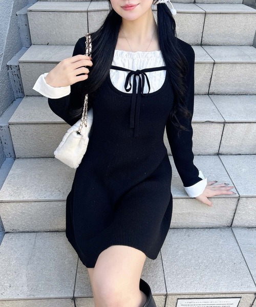 INGNI（イング）の「シャツドッキングニットワンピース（ワンピース・レディース・ブラック/グレー・M）」の3枚目の写真