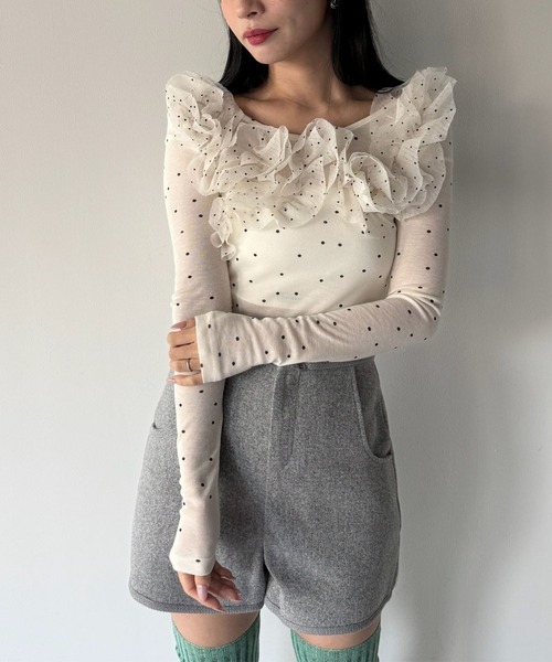 SANSeLF(サンセルフ)の「【SANSeLF】フリルネックトップス saw25a071(その他トップス・レディース・ホワイト・FREE)」の1枚目の写真