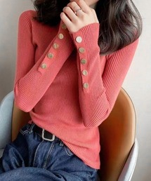 袖ボタン リブニットトップス レディース