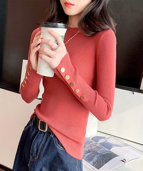 Miniministore(ミニミニストア)の「袖ボタン リブニットトップス レディース(ニット/セーター・レディース・グレー/ブラック/レッド系/ホワイト/ベビーピンク・FREE)」の5枚目の写真