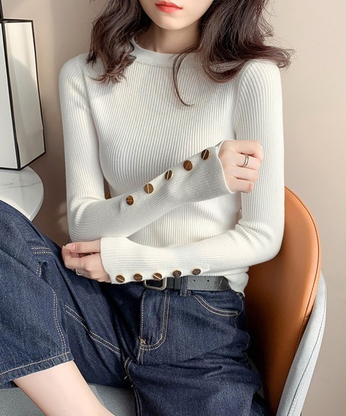 Miniministore(ミニミニストア)の「袖ボタン リブニットトップス レディース(ニット/セーター・レディース・グレー/ブラック/レッド系/ホワイト/ベビーピンク・FREE)」の6枚目の写真