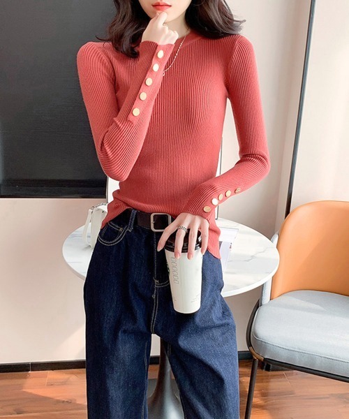 Miniministore(ミニミニストア)の「袖ボタン リブニットトップス レディース(ニット/セーター・レディース・グレー/ブラック/レッド系/ホワイト/ベビーピンク・FREE)」の13枚目の写真